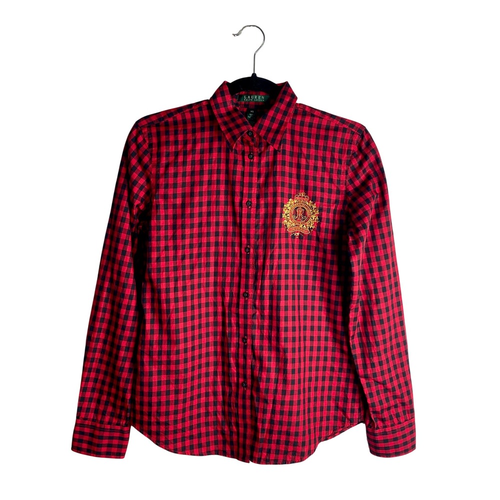 Lauren Ralph Lauren Red Plaid Crest Button Shirt XS VTG Y2K Preppy Dark Academia